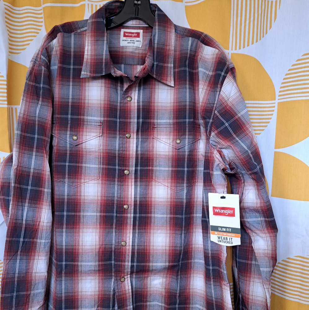 NWT!!! Mens Wrangler Flex Slim Fit Red/ Blue Plaid Pearl Snap Shirt XL